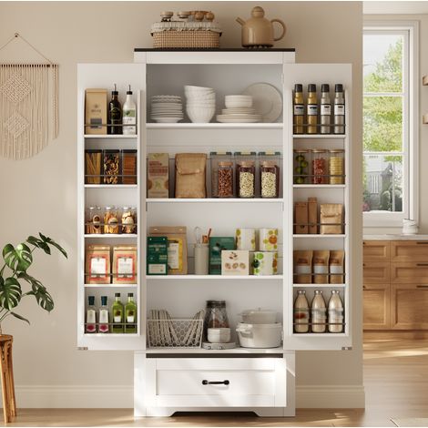 Armoire de cuisine haute 80 x 35 x 183 cm, 2 portes, tiroir et étagères réglables, blanche OKMYHOME (1/5)