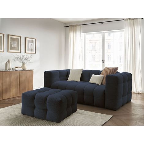 BOBOCHIC - Canapé droit convertible 3 places ouverture express CLOUD tissu bouclette avec pouf Bleu foncé (1/5)