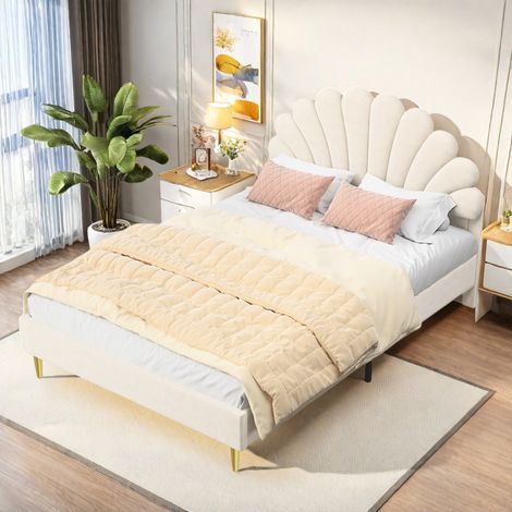 Letto matrimoniale 140x200 cm, tessuto in velluto, con rete a doghe, testiera a forma di fiore, letto per adulti in stile scandinavo - Beige
