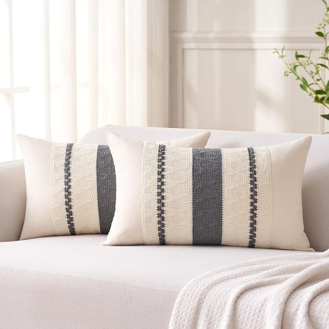 Housse de Coussin Canape 30x50 Gris Bohème Texturée à Rayures Tissées Décoratives Moderne Housse de Canapé pour Maison Salon Chambre Décoration Lot de 2 (1/5)