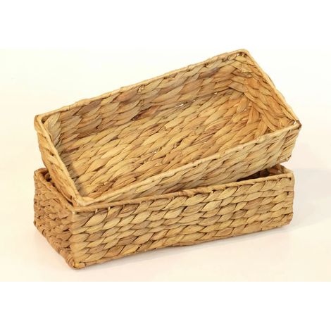 Paniers à couverts, lot de 2, « Ola », en jacinthe d'eau naturelle et respirante panier à couverts, boîte de rangement, panier à cosmétiques, 32 × 16 × 8 cm cadeau, argent : naturel (1/2)