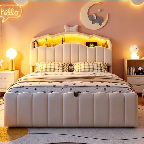 Cama infantil tapizada 222x147x131.5 cm con almacenaje hidráulico, LED multicolor, USB y USB C, terciopelo beige (1/5)