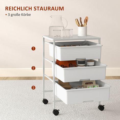 Table roulante avec 3 paniers de transport et rangement, desserte de cuisine, 40,8 x 33,5 x 60,5 cm, blanc (1/4)