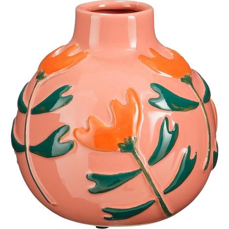 Vase Décoratif en Céramique Rose avec Motif Floral Orange et Vert H20 x Ø19,5 cm - PANGIVO (1/4)