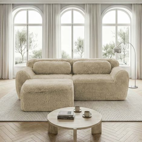 Canapé d’angle modulable 2 places en tissu peluche kaki clair, pouf, mousse 32D, base antidérapante, sans montage, 204x179x73 cm (1/5)