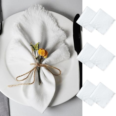 SHINING HOUSE Lot de 6 Serviettes de Table Tissu, Serviette Tissu avec Franges, Lavable et Réutilisable Serviette Gaze de Coton 45cm pour Mariage, Hôtels, Restaurants, Evénements et Fêtes(Blanche) (1/5)