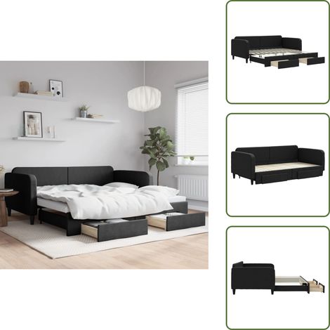 Tagesbett Ausziehbar mit Schubladen Schwarz 100x200 cm Stoff - Sofa Bett - Schlafcouch - Gästebett - Daybed - Aufstellbett