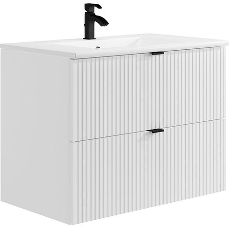 Vente-Unique – Meuble de salle de bain suspendu avec vasque à encastrer – Blanc mat – 80 cm – 2 tiroirs soft close – Éco-responsable fabriqué en Europe