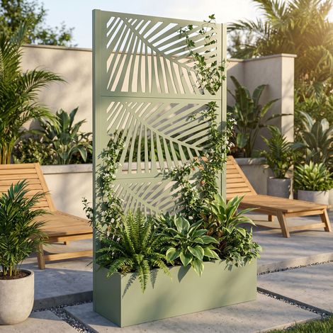 Kisha - Garten-Pflanzkübel mit Rankgitter und Sichtschutz 98x180x30 cm Pflanzbehälter aus Salbeigrünem Metall (1/4)