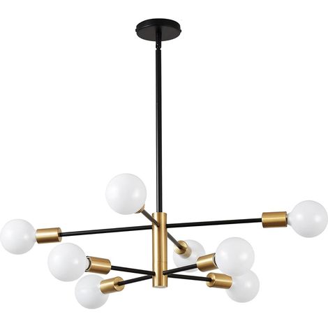 Lustre Moderne 8 Ampoules Noir et Or Plafonnier Semi-Encastré Suspendu Réglable Hauteur Style Médio Industriel Farmhouse pour Chambre Salon Salle à Manger Cuisine Entrée (Ampoules Non Incluses)