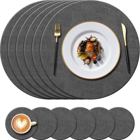 Lot de 12 sets de table ronds en cuir, résistants à 100 °C, antidérapants et imperméables, noir. (1/5)