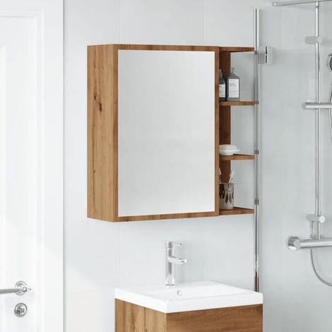 Armoire de Toilette en Bois de Chêne Massif avec Miroir, Meuble de Rangement Suspendu pour Salle de Bain, 62,5 x 20,5 x 64 cm (1/5)