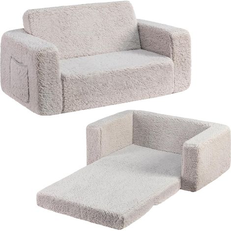Canapé-lit extra large 2 en 1 en Sherpa doux pliable pour tout-petits, lit convertible en chaise longue pour filles et garçons, gris clair (1/5)
