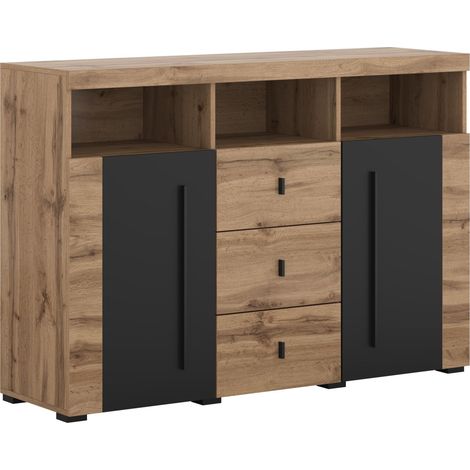 Cómoda Sorciro 101, Negro + Roble wotan, Con cajones y puertas, Número de cajones: 3, 92x132x39cm (1/5)