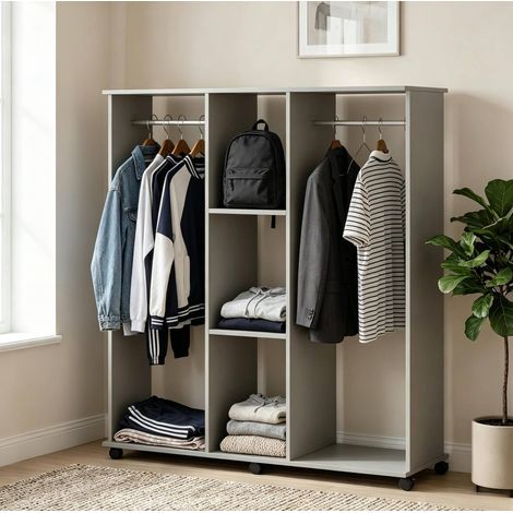 Mueble de almacenamiento abierto con perchero, 3 estantes, 2 barras para colgar, gris DESVIAE (1/5)
