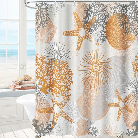 Rideau de Douche, 180x200cm, Orange été Nautique Côtier Plage Thème étoiles de mer Coquillage Conche Gris Corail Tissu Imperméable Rideau de Salle de Bain Lavable en Machine avec Crochets (1/4)