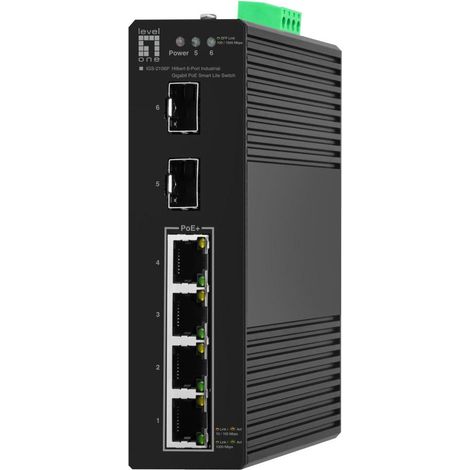 Conmutador PoE Gigabit industrial Hilbert Smart Lite de 6 puertos, 2 SFP, 4 salidas PoE, PoE 802.3at/af, presupuesto de potencia (1/4)