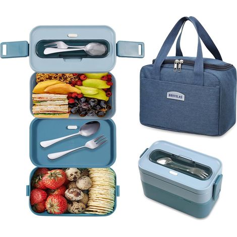 Bento Lunch Box 1600ml, Lunch Box Isotherme avec Couverts + Sac Isolant Bleu Anti Fuite Boite Repas pour Pique-Nique, Travail, Ecole (1/5)