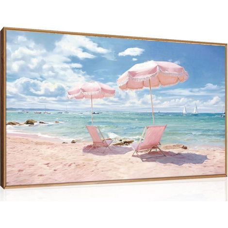 Tableau sur toile plage avec cadre, paysage marin 59x39cm, côte pastel rose