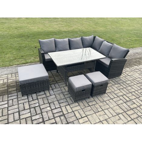 Fimous 9 Seater Garden Rattan Furniture Corner Sofa Dining Table Chair Set with 2 Small Footstools Indoor Outdoor Lounge Sofa Set (1/5)