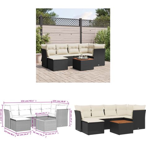 7-tlg. Garten-Sofagarnitur mit Kissen Schwarz Poly Rattan - Gartensorte - Gartenmöbelset - PE-Rattan Möbel - Outdoor Lounge Set - Esstischgarnitur - Home & Living (1/3)