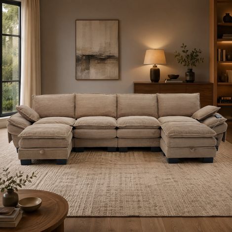 4 Sitzer Sofa (330x132x84 cm), mit 2 Hockern, ergonomische Sitzfläche, USB C Anschluss, Corduroy, khaki (1/5)