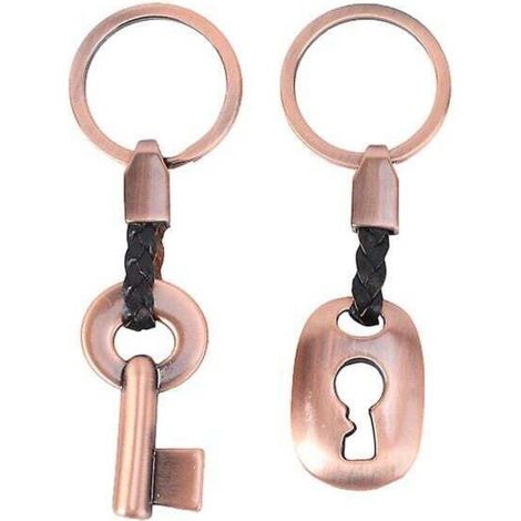 Lot de 2 porte-clés créatifs en cuir pour couple, anneau porte-clés, porte-clés, serrure à clé, cadeau (bronze rouge) (1/2)