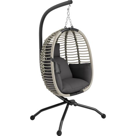 Outsunny Outdoor Swing Chair with Thick Padded Cushion, Patio Hanging Egg Chair with Metal Stand, Foldable Basket, Cup Holder, Rope Structure for Indoor & Outdoor, Dark Grey