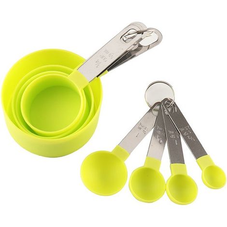 Set di 8 misurini. Include 4 misurini e 4 cucchiai dosatori con manici in acciaio inossidabile. Set di misurini e cucchiai dosatori in plastica per liquidi. (1/5)