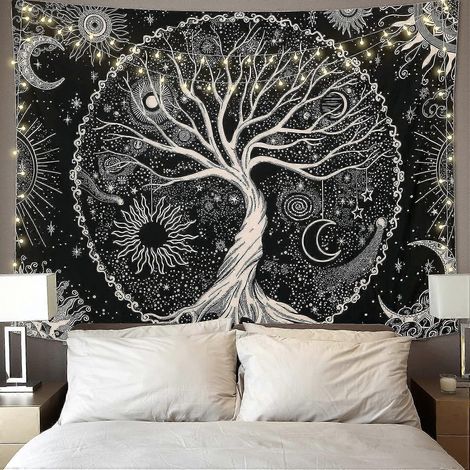 Tapisserie murale Arbre de Vie Lune et Soleil Noir, tapisserie psychédélique, tapisserie murale mandala étoilé, décoration murale hippie pour chambre, dortoir, fête (175x (1/5)