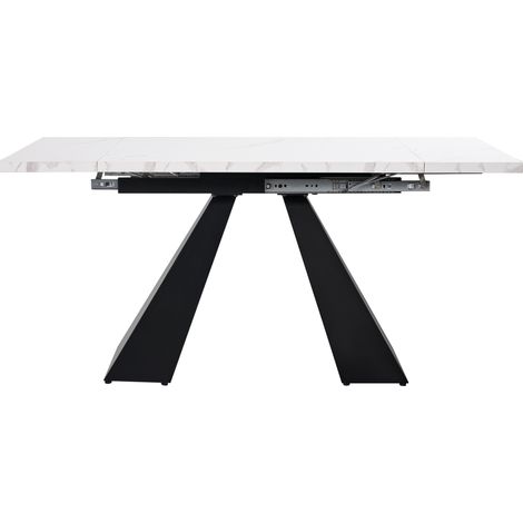 Table Ă manger extensible avec plateau en MDF effet marbre 99-159x74x77 cm, pieds en acier carbone blanc (1/5)