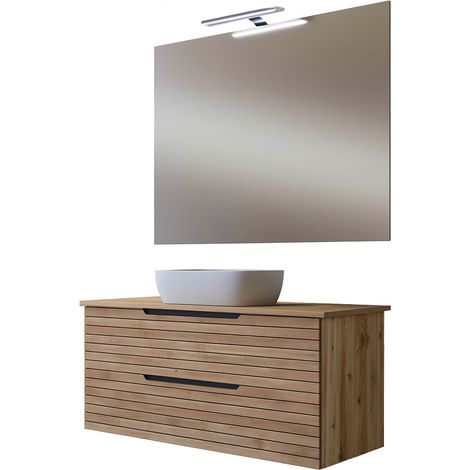 Kibath Mueble de baño con Lavabo, Espejo y Aplique LED KEN 100x45 cm acabado Desierto mate 2 cajones suspendido