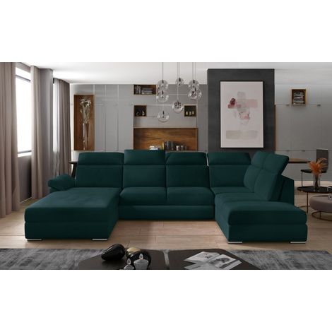 Canapé panoramique convertible MAJESTA 5 places vert foncé – angle gauche avec coffre (1/3)