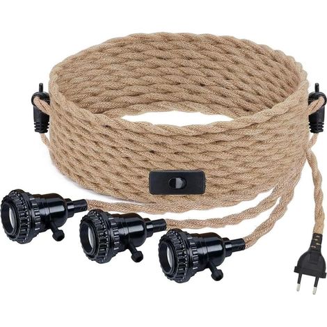 Lntyq Kit de Lustre Corde de Chanvre Vintage Cable Suspension Luminaire avec Interrupteur et Prise EU DIY 3-Flamme Suspension Lampe Textile Câble Corde E27 Décor Eclairage Chambre Salon Cuisine Manger