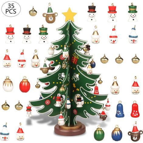 Mini sapin de Noël en bois de table avec 30 mini décorations de Noël et 1 cime d'arbre étoile pour décoration de Noël (1/5)