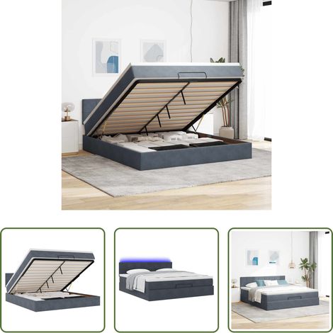 vidaXL LED-Beleuchtung - Ottoman-Bett mit Matratze & LEDs Dunkelgrau 160x200 cm Samt (1/5)
