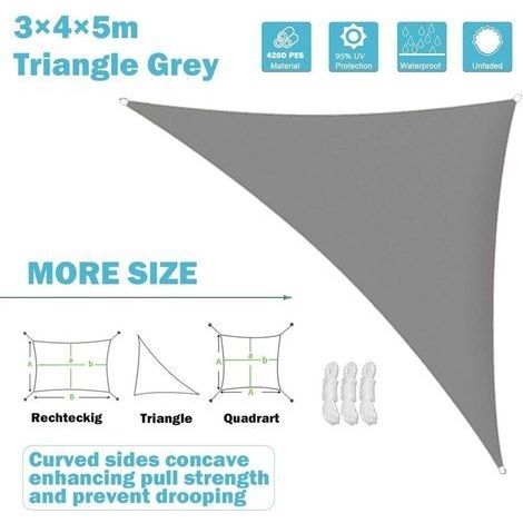 Dreieckiges Sonnensegel aus Polyester – wasserdichtes Polyester – rechtwinkliges Dreiecks-Sonnensegel – mit Befestigungsseilen – 3 x 4 x 5 m – Grau (1/4)
