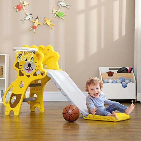Cute Cartoon Kids Play Slide with Climber and Basketball Hoop,Safe Lightweight Design for Toddlers,Easy Assembly,ASTM Certified (1/5)