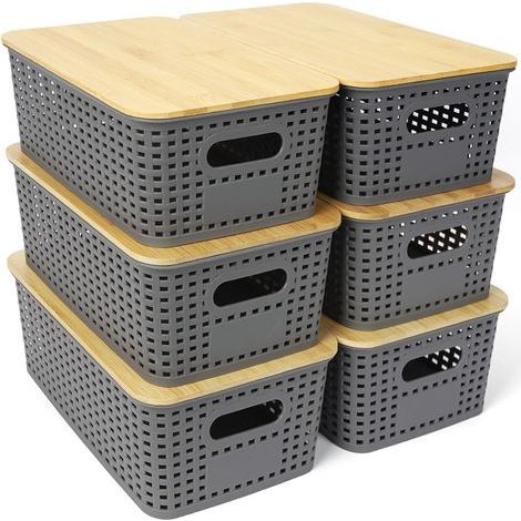 Set mit 6 stapelbaren Aufbewahrungsboxen mit Bambusdeckeln – Kunststoff – Grau – 25,6 x 18 x 10,7 cm (1/5)