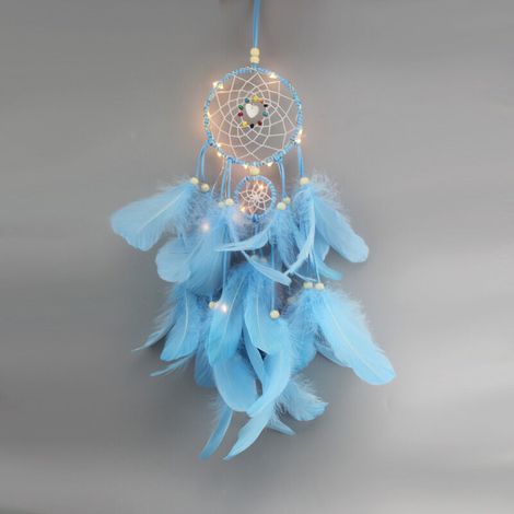 Feder-Traumfänger mit LED-Leuchten, handgefertigte, tragbare Dekoration, Dekor, Foto-Requisiten, himmelblau. (1/5)