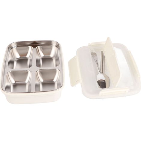 Edelstahl-Lunchbox (304) mit 4 Fächern, passendes Geschirr, tragbar für Schule und Büro, weiß (1/5)