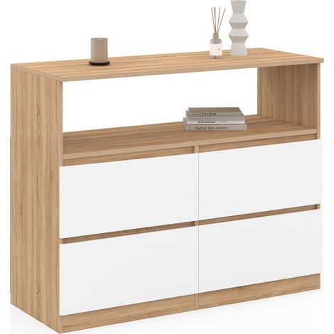 TOMI Cassettone a 4 cassetti da 100 cm con nicchia effetto faggio in bianco