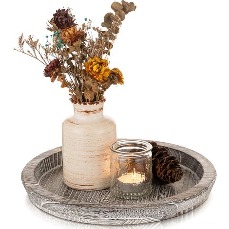 Plateau Rustique en Bois – Petite Assiette décorative en Bois pour Table de Salle à Manger, Cuisine, comptoir, Table Basse, décoration d'intérieur, Blanc délavé, 27,9 cm (1/5)