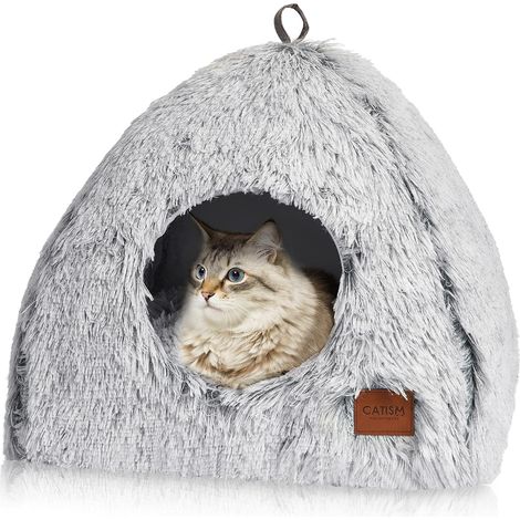 1 - Lit pour chat - Cabane pour animal - Abri chaud en forme de pyramide avec coussin amovible et lavable pour intérieur et voyage Gris 40x40x37cm (1/5)