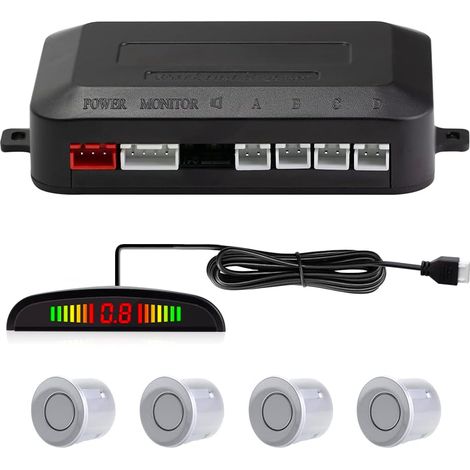 Radar de Recul Voiture, Aide au Stationnement avec 4 Capteurs de Stationnement Arrière avec Buzzer Affichage LED (4 Capteurs, Argenté) (1/5)