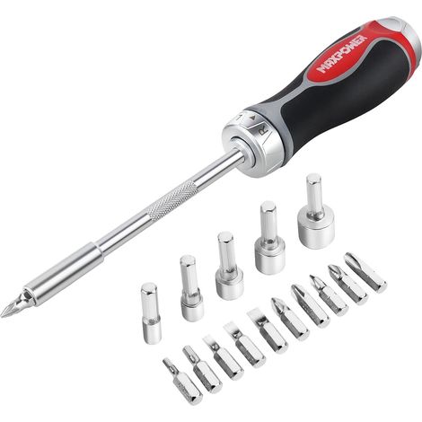 Ratchet Screwdriver, MAXPOWER Magnetic Ratchet Screwdriver and Bit Set with Slotted Bits,Phillips Bits, Pozi Bits, Hex Bits and Sockets/Nut Driver (18 Pieces) (1/5)