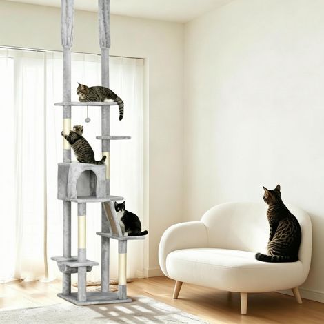 Albero tiragraffi per gatti regolabile con fissaggio a soffitto 225-255 cm con nicchia e amaca (1/5)