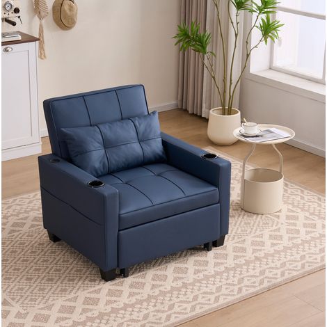 Sofá cama 3 en 1 convertible, sillón y chaise longue con cama auxiliar, 3 posiciones, madera y metal - azul (1/5)