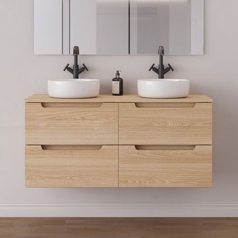 Meuble de salle de bain 140cm avec plateau et 2 vasques à poser rondes - 4 tiroirs - sans miroir - roble era (chêne clair) - SONRIZA (1/5)