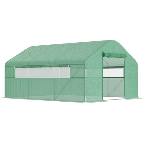 Serre de jardin 4x3x2m avec portes enroulables et grandes vitres, tunnel de culture extérieur, couleur verte (1/5)